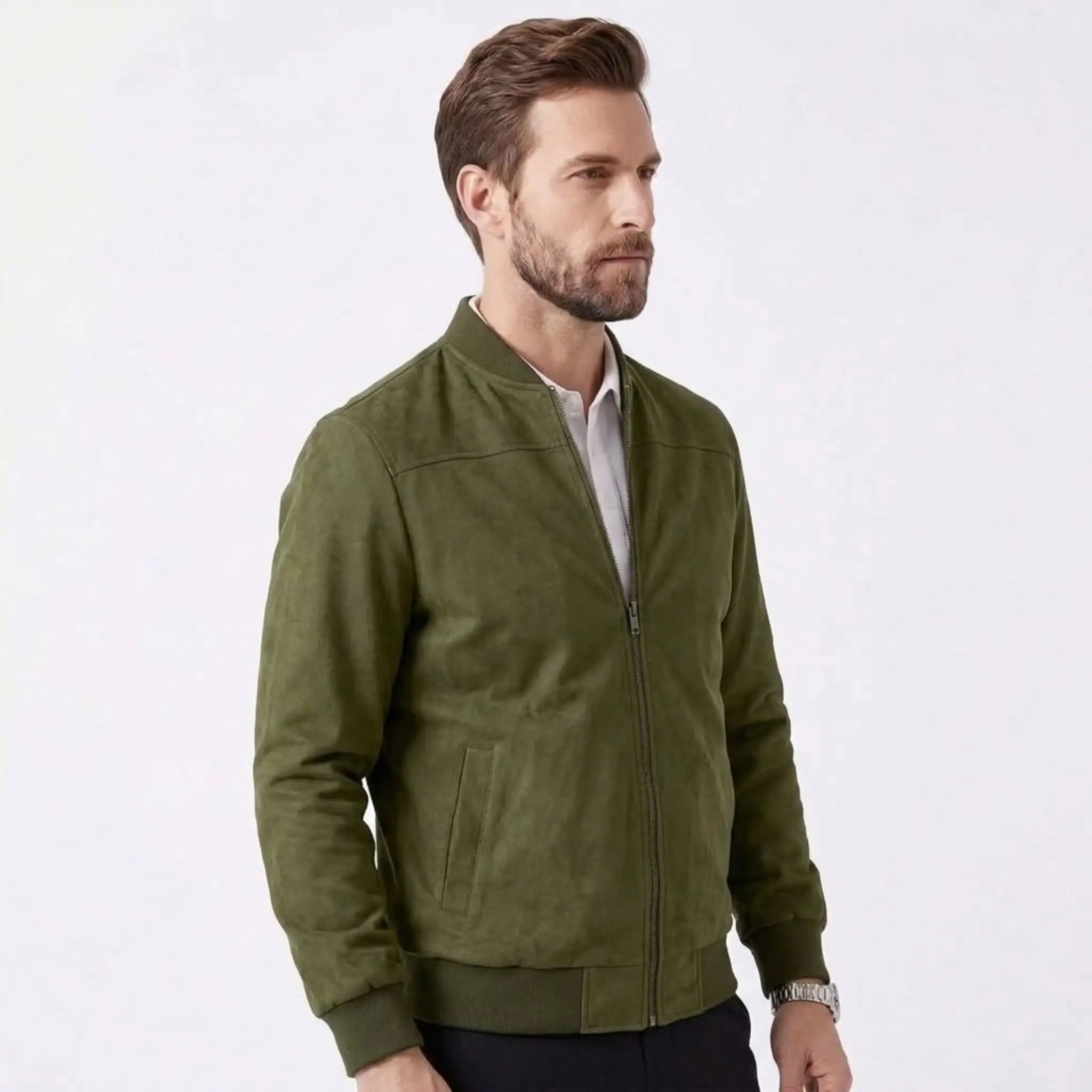 MannerCo army green suede thermal jacket with zip closure and ribbed cuffs side view on male model