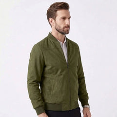 MannerCo army green suede thermal jacket with zip closure and ribbed cuffs side view on male model