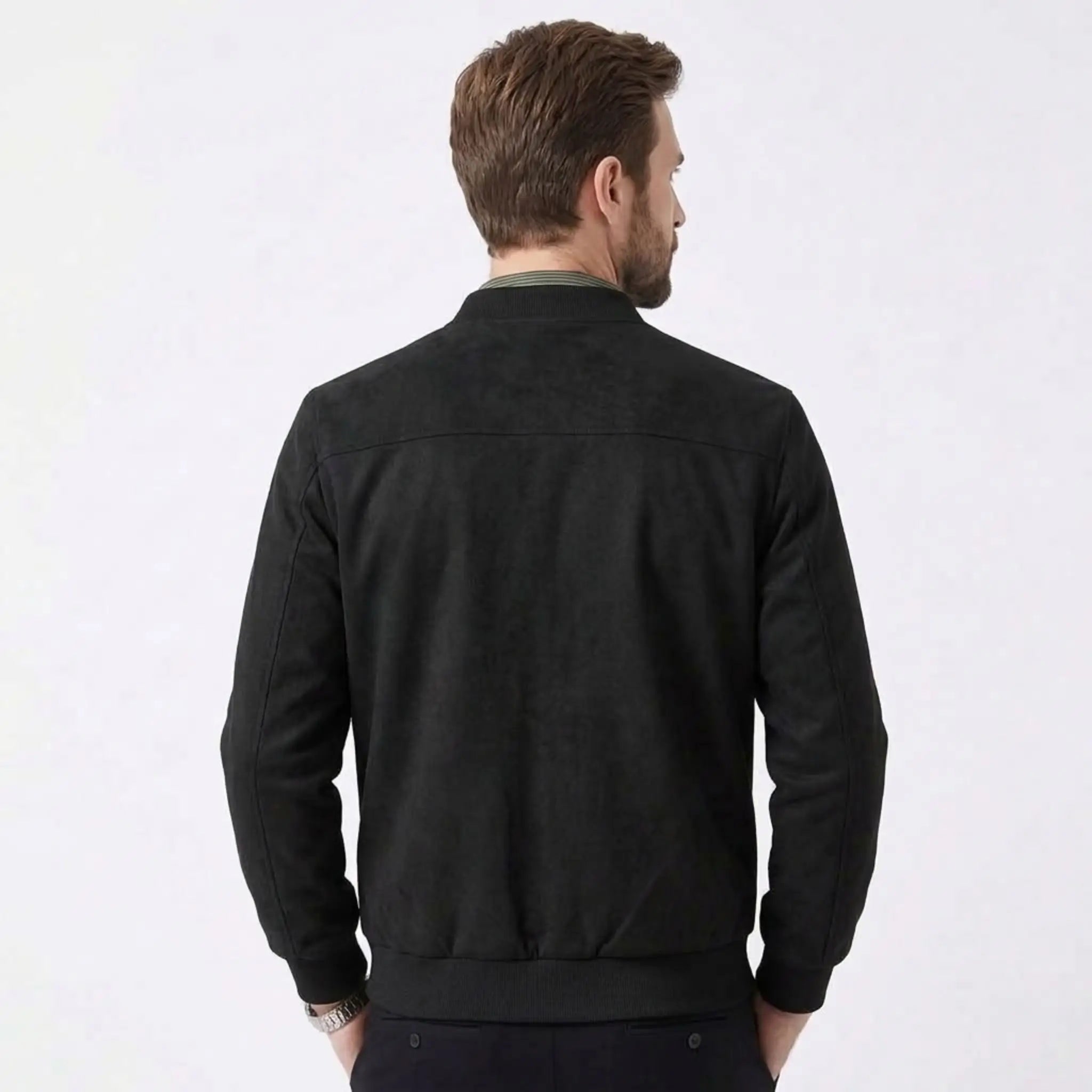 MannerCo black suede thermal jacket back view with ribbed collar and cuffs on male model