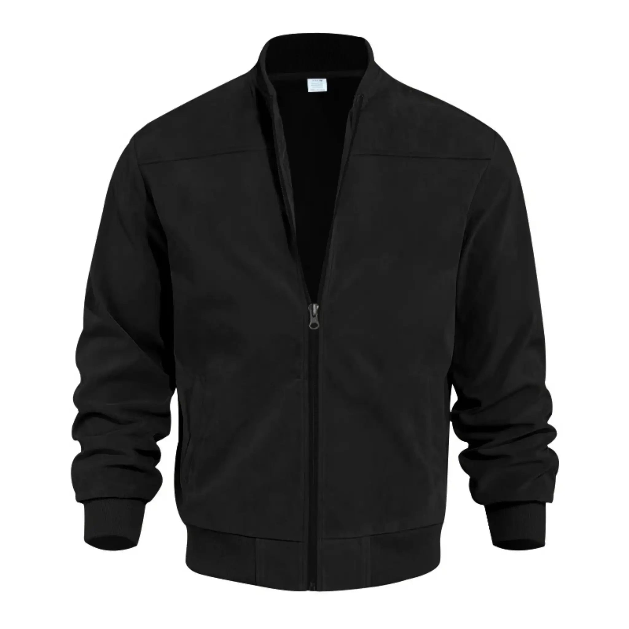 MannerCo black suede thermal jacket with stand collar and zip-up closure front display