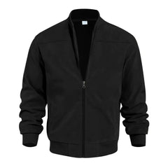 MannerCo black suede thermal jacket with stand collar and zip-up closure front display