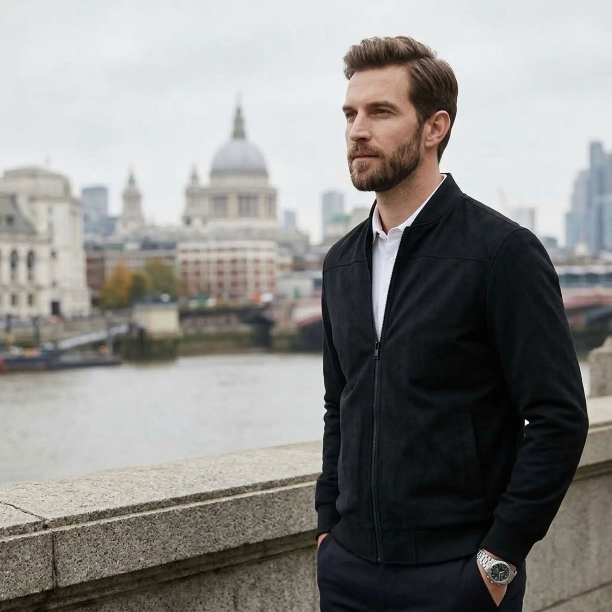 Man wearing MannerCo black suede thermal jacket with stand collar outdoors by river
