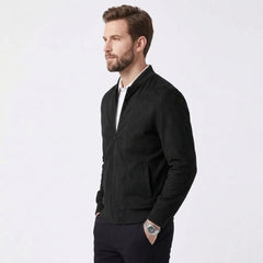 MannerCo black suede thermal jacket with stand collar and zip-up closure side view