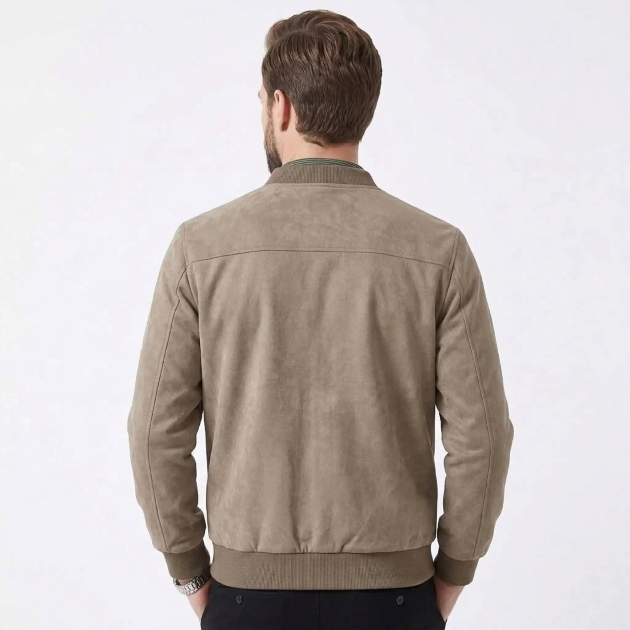 MannerCo khaki suede thermal jacket back view with ribbed collar and hem on male model