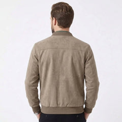 MannerCo khaki suede thermal jacket back view with ribbed collar and hem on male model