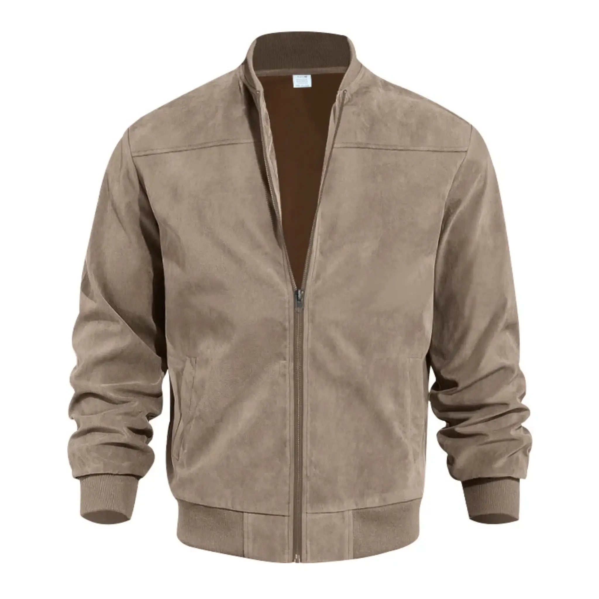 MannerCo khaki suede thermal jacket with stand collar and zip-up closure front display