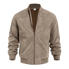 MannerCo khaki suede thermal jacket with stand collar and zip-up closure front display