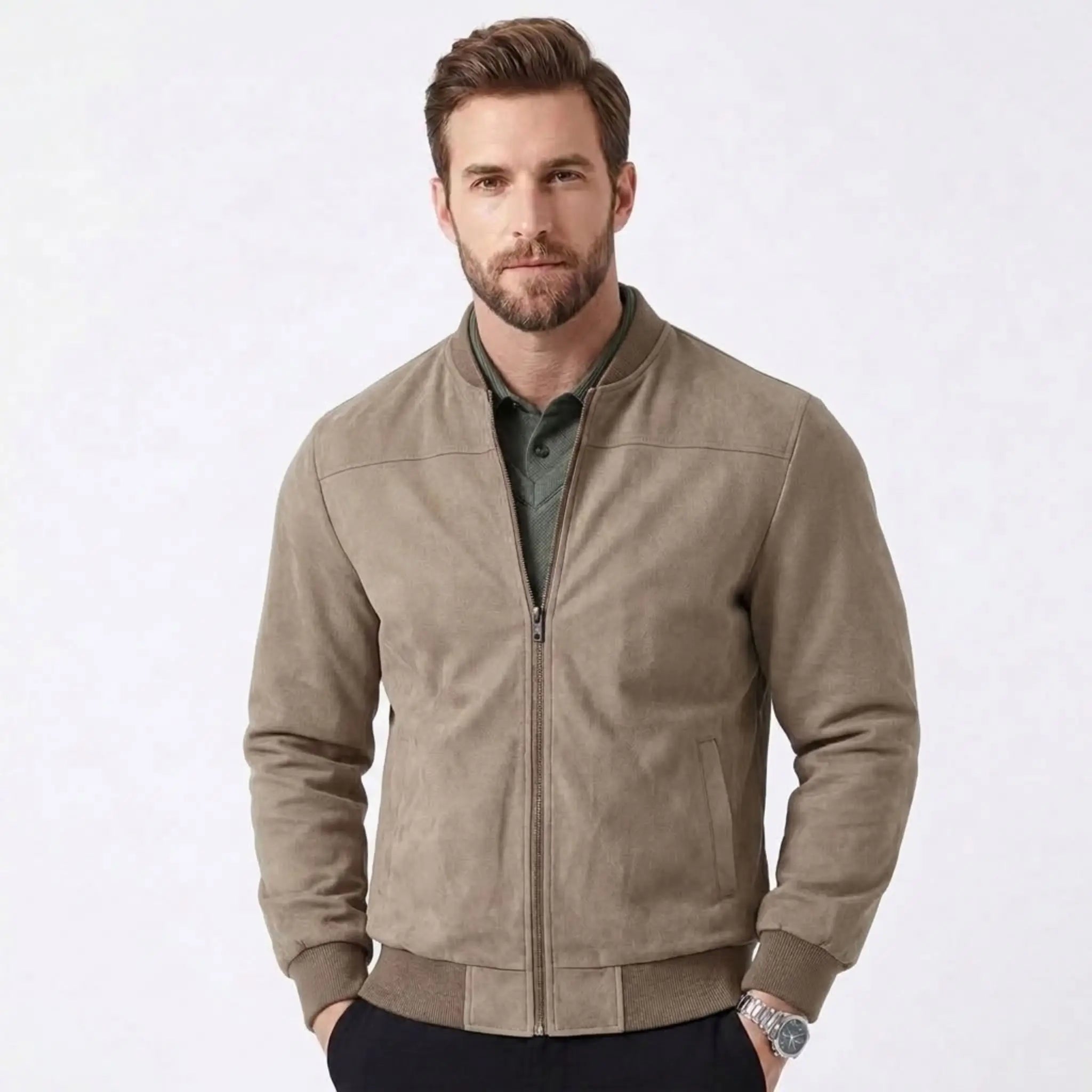 MannerCo khaki suede thermal jacket with stand collar and zip closure styled over green polo shirt