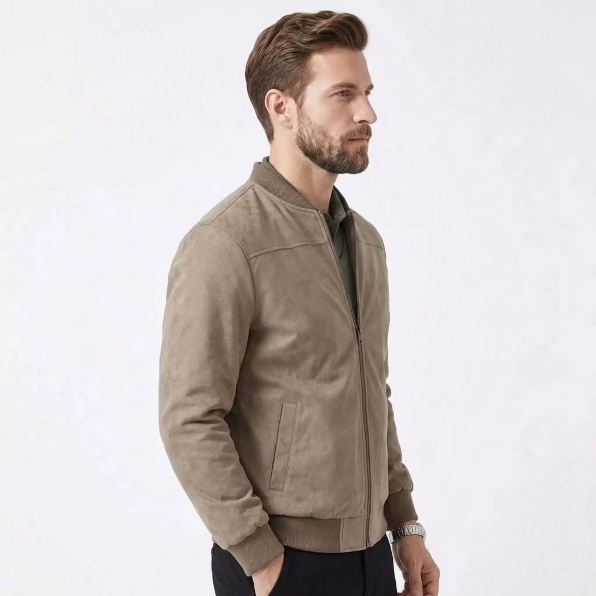 MannerCo khaki suede thermal jacket side view with ribbed collar and cuffs on male model