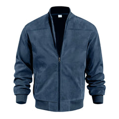 MannerCo navy blue suede thermal jacket with stand collar zip closure and ribbed cuffs front display