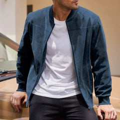 MannerCo navy blue suede thermal jacket worn open over white tee lifestyle indoor shot