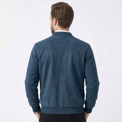 MannerCo peacock blue suede thermal jacket back view with ribbed collar and hem on male model