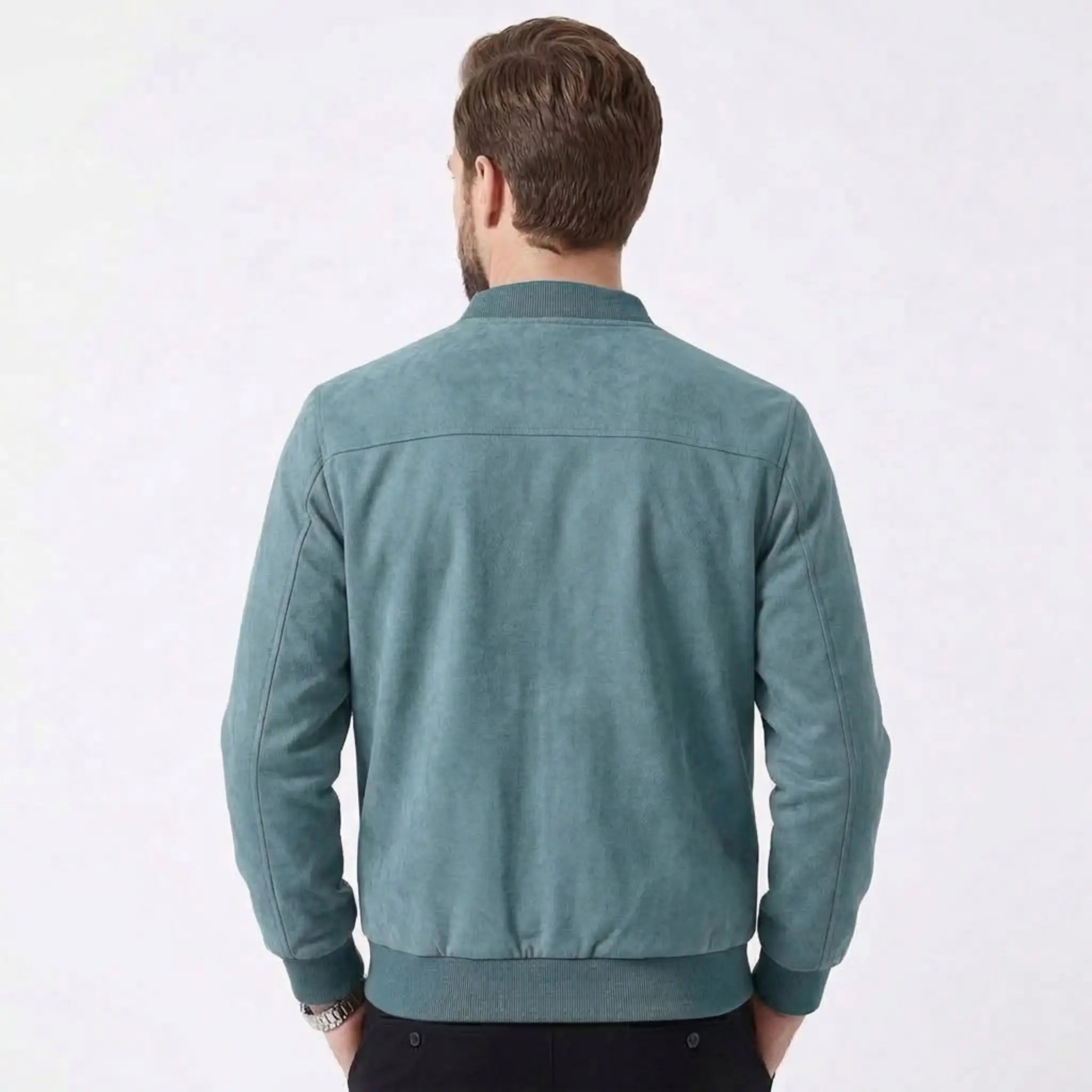 MannerCo peacock blue suede thermal jacket back view with ribbed collar and hem on male model