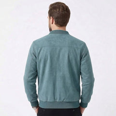 MannerCo peacock blue suede thermal jacket back view with ribbed collar and hem on male model