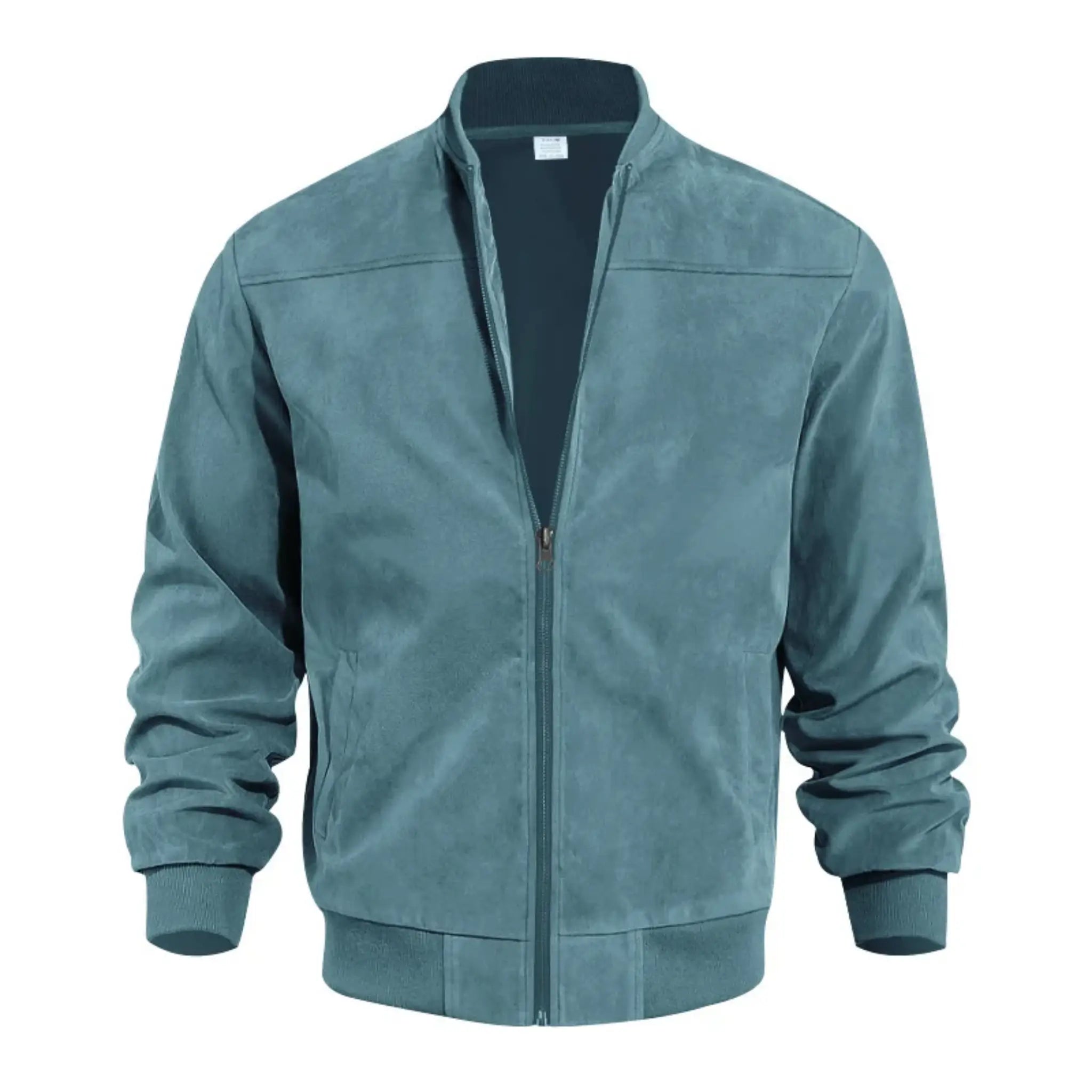 MannerCo peacock blue suede thermal jacket with stand collar and zip-up closure front display