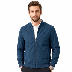 MannerCo peacock blue suede thermal jacket with stand collar and zip closure on male model front view
