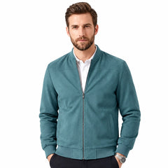 MannerCo peacock blue suede thermal jacket with stand collar and zip closure on male model