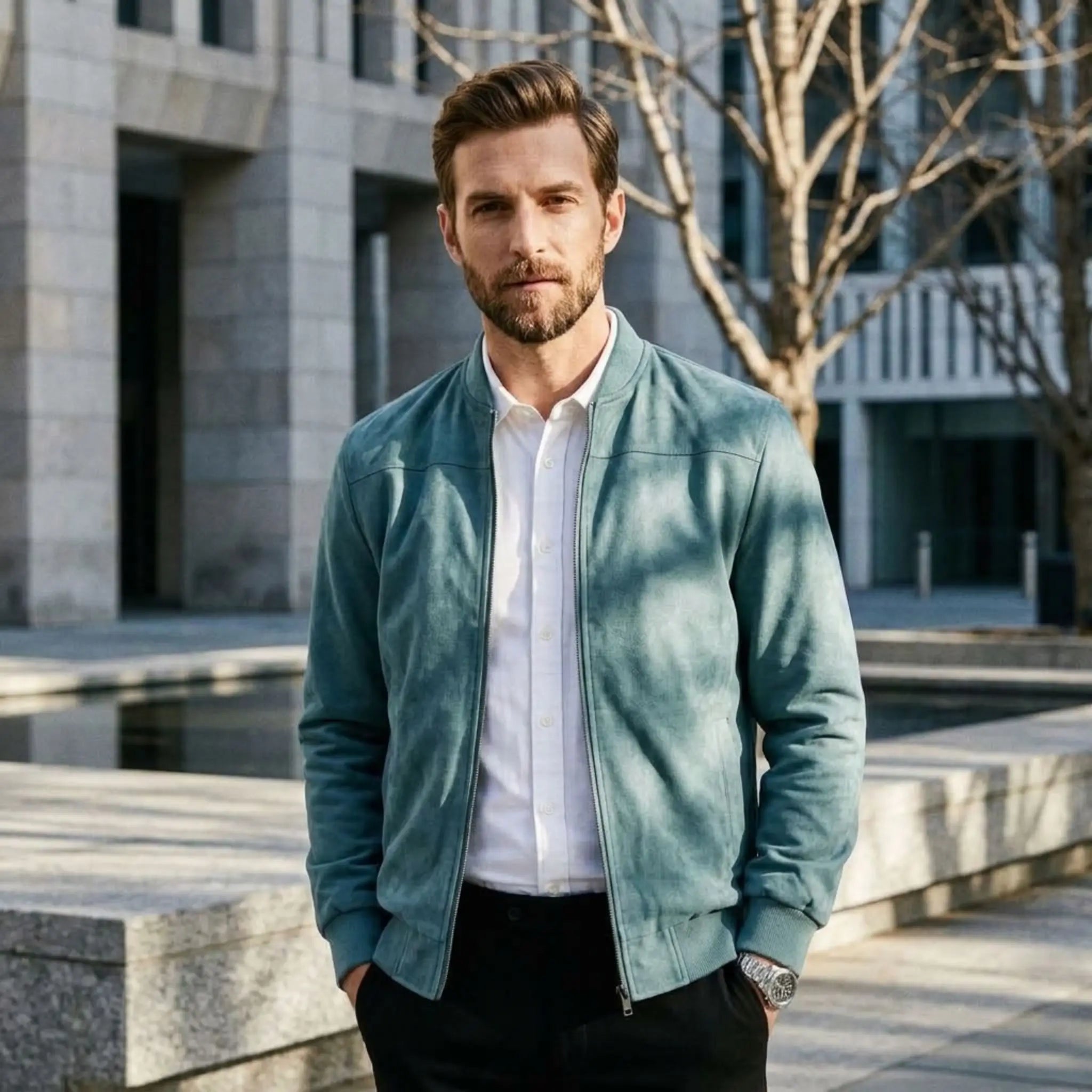 Man wearing MannerCo peacock blue suede thermal jacket over white shirt in urban outdoor setting