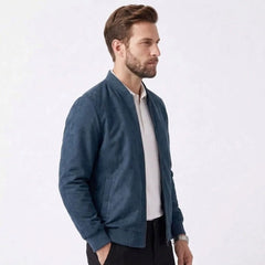 MannerCo peacock blue suede thermal jacket side view with zip closure and patch pocket