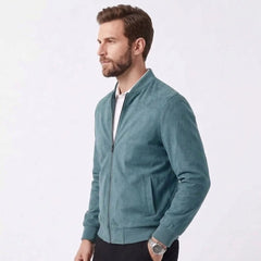 MannerCo peacock blue suede thermal jacket side view with stand collar and zip closure
