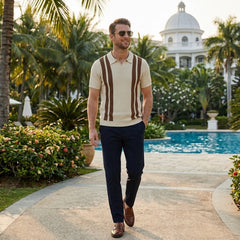 Man wearing tan striped knit polo shirt in outdoor lifestyle setting
