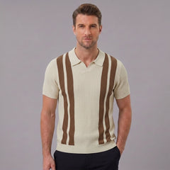 Man wearing a tan striped knit slim fit polo shirt front view on plain background
