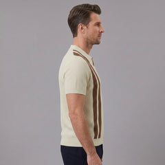 Side view of man in tan striped knit slim fit polo shirt on plain background