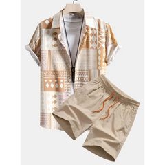 Tribal Geometric Patchwork Button Up Shirt & Swim Shorts - 2 Piece Summer Outfit