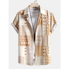 Tribal Geometric Patchwork Button Up Shirt & Swim Shorts - 2 Piece Summer Outfit