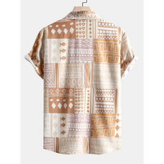 Tribal Geometric Patchwork Button Up Shirt & Swim Shorts - 2 Piece Summer Outfit