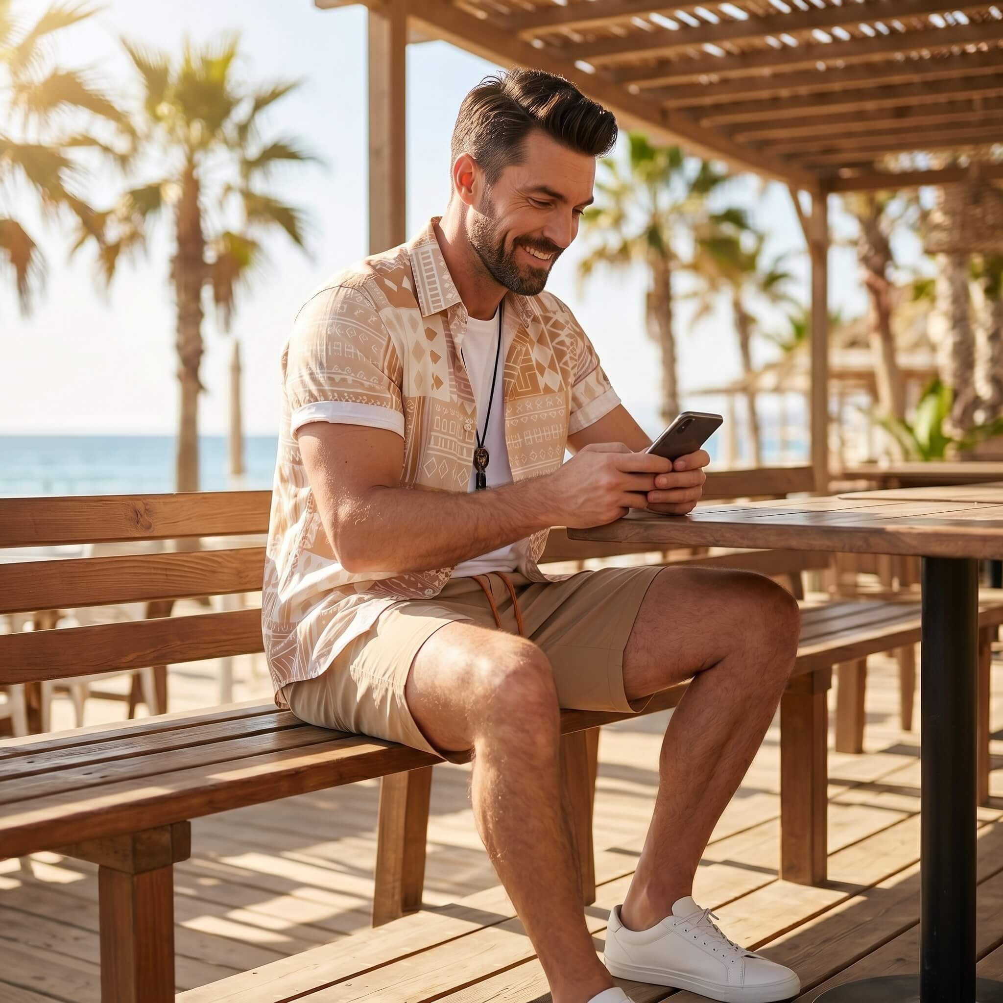 Man wearing tan tribal geometric patchwork shirt and swim shorts in outdoor lifestyle setting