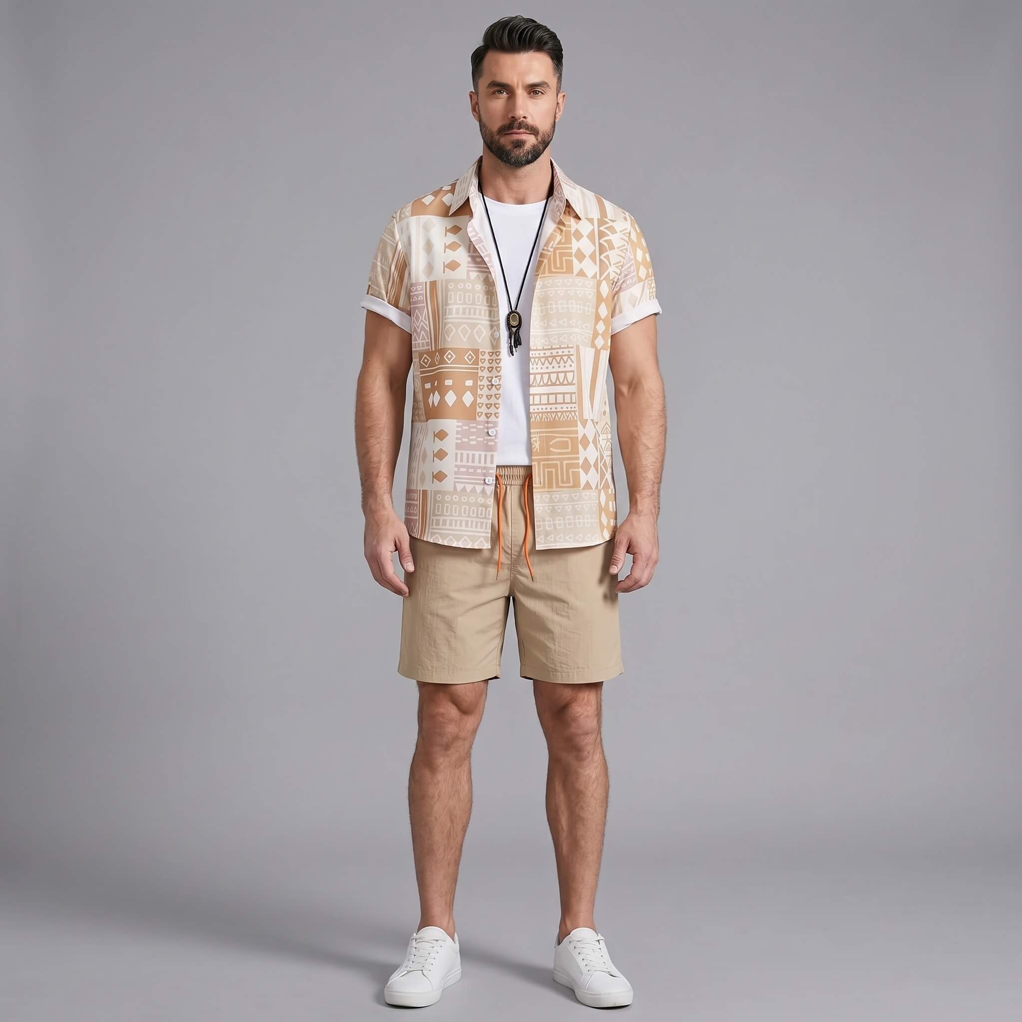 Three quarter view of man in tan tribal geometric patchwork shirt and swim shorts on plain background