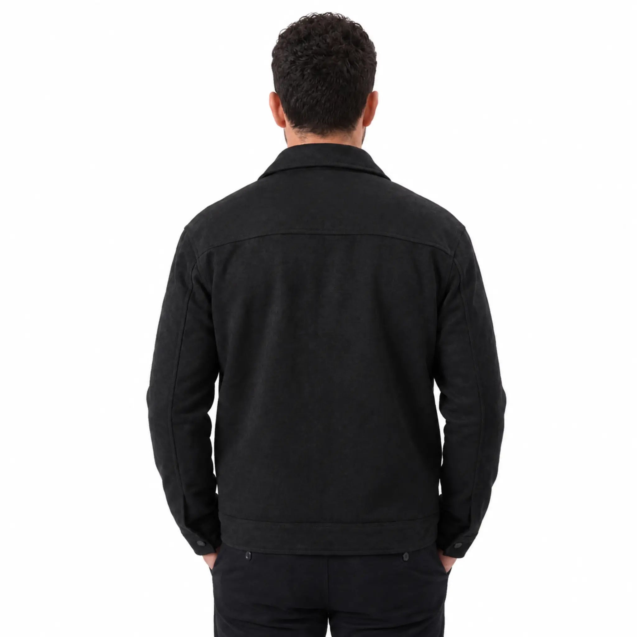 MannerCo black slim fit thickened jacket back view with straight hem and button cuffs