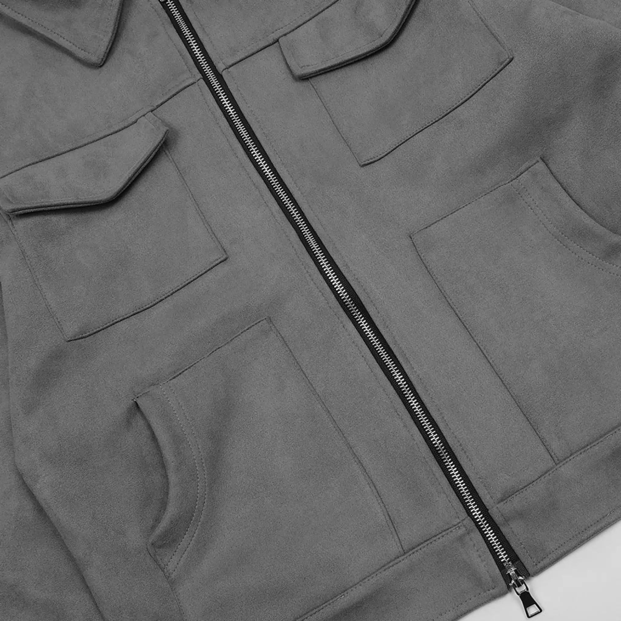 MannerCo dark gray thickened zip jacket close-up showing multi-pocket layout and silver zipper