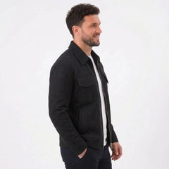 MannerCo dark gray slim fit thickened zip jacket with chest pockets worn over white tee side view