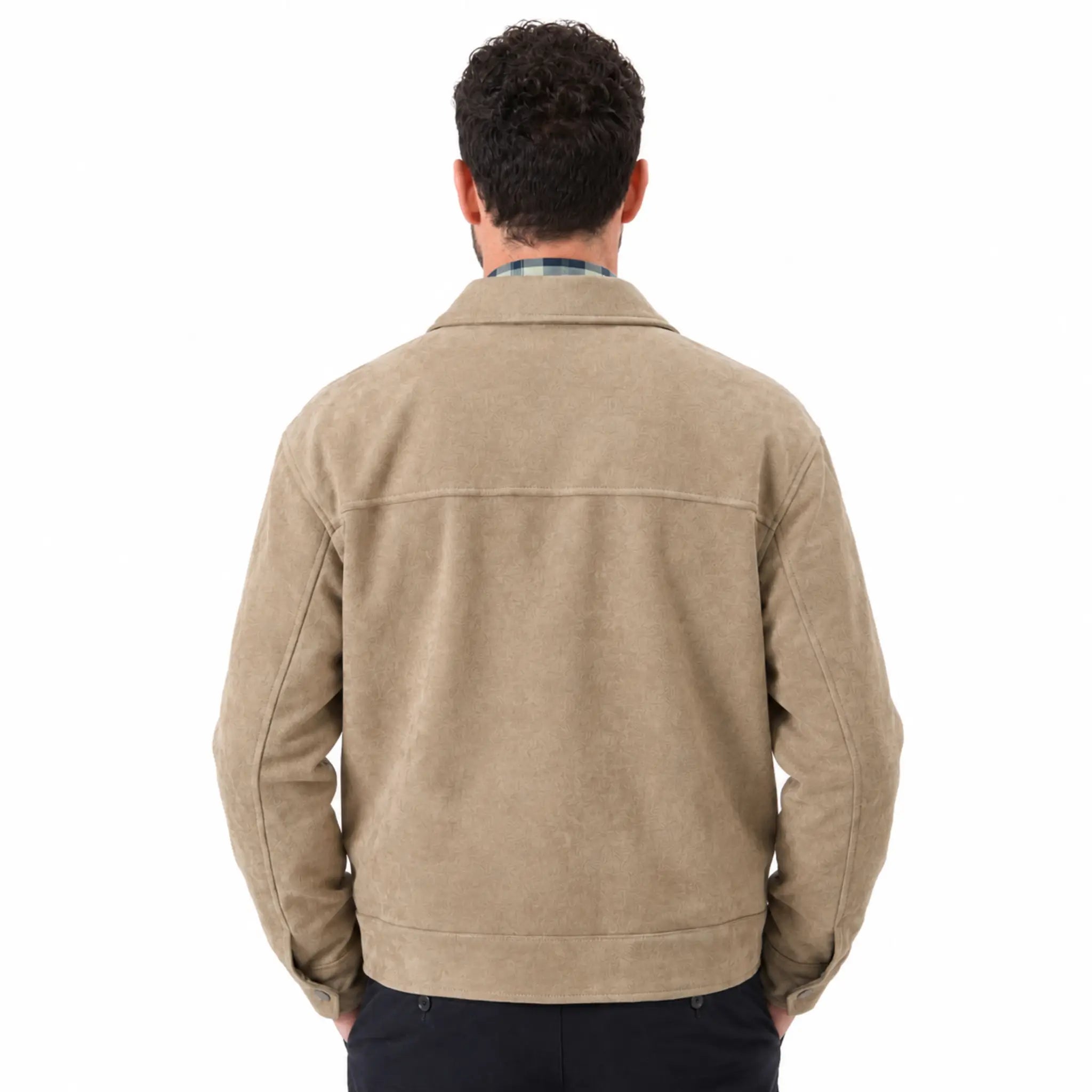 MannerCo beige thickened slim fit zipper jacket back view with straight hem on male model