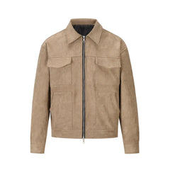 MannerCo beige thickened zip jacket with four patch pockets spread collar and silver zipper display