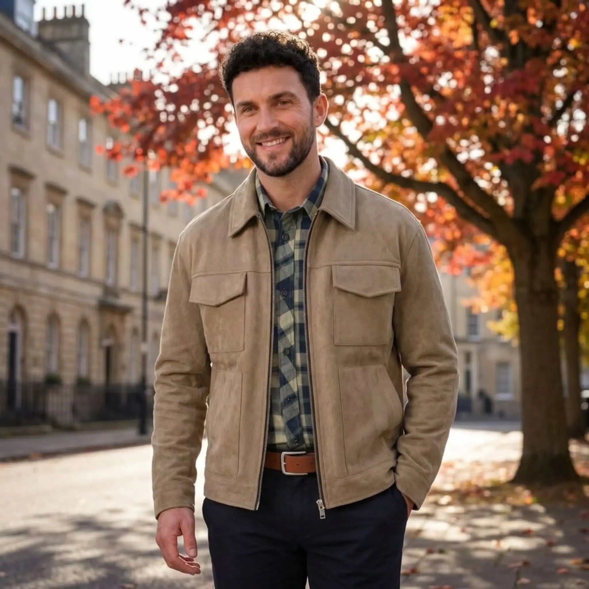 MannerCo beige slim fit thickened zipper jacket with big pockets worn outdoors in autumn setting
