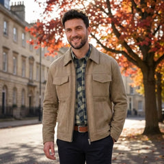 MannerCo beige slim fit thickened zipper jacket with big pockets worn outdoors in autumn setting