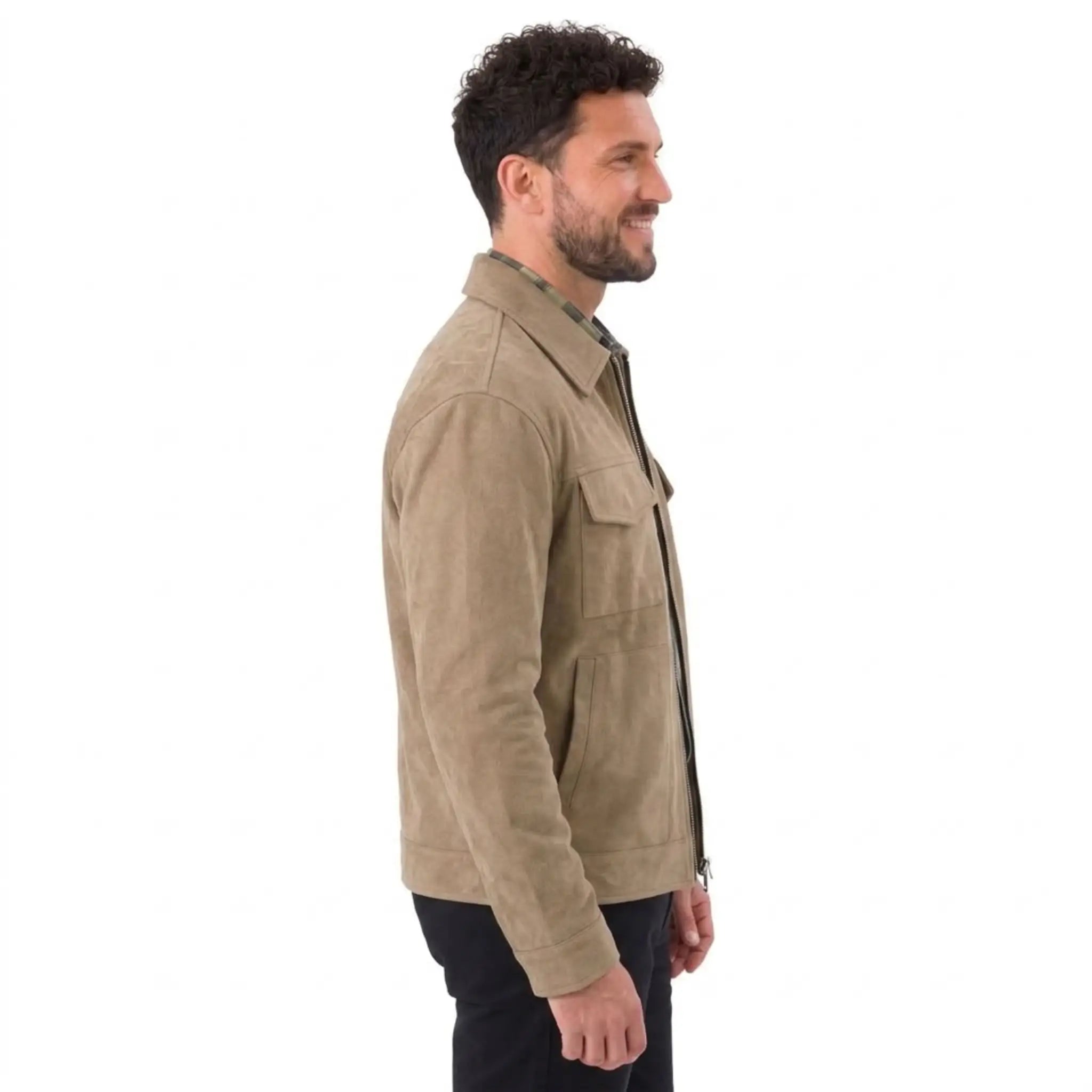 MannerCo beige thickened zip jacket side view slim fit with chest pocket and straight hem