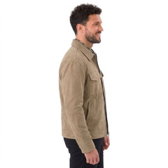 MannerCo beige thickened zip jacket side view slim fit with chest pocket and straight hem
