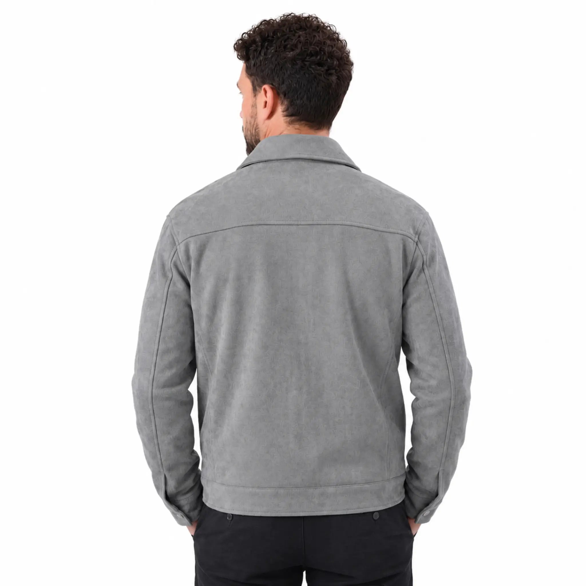 MannerCo slim fit thickened zipper jacket in dark gray back view on male model