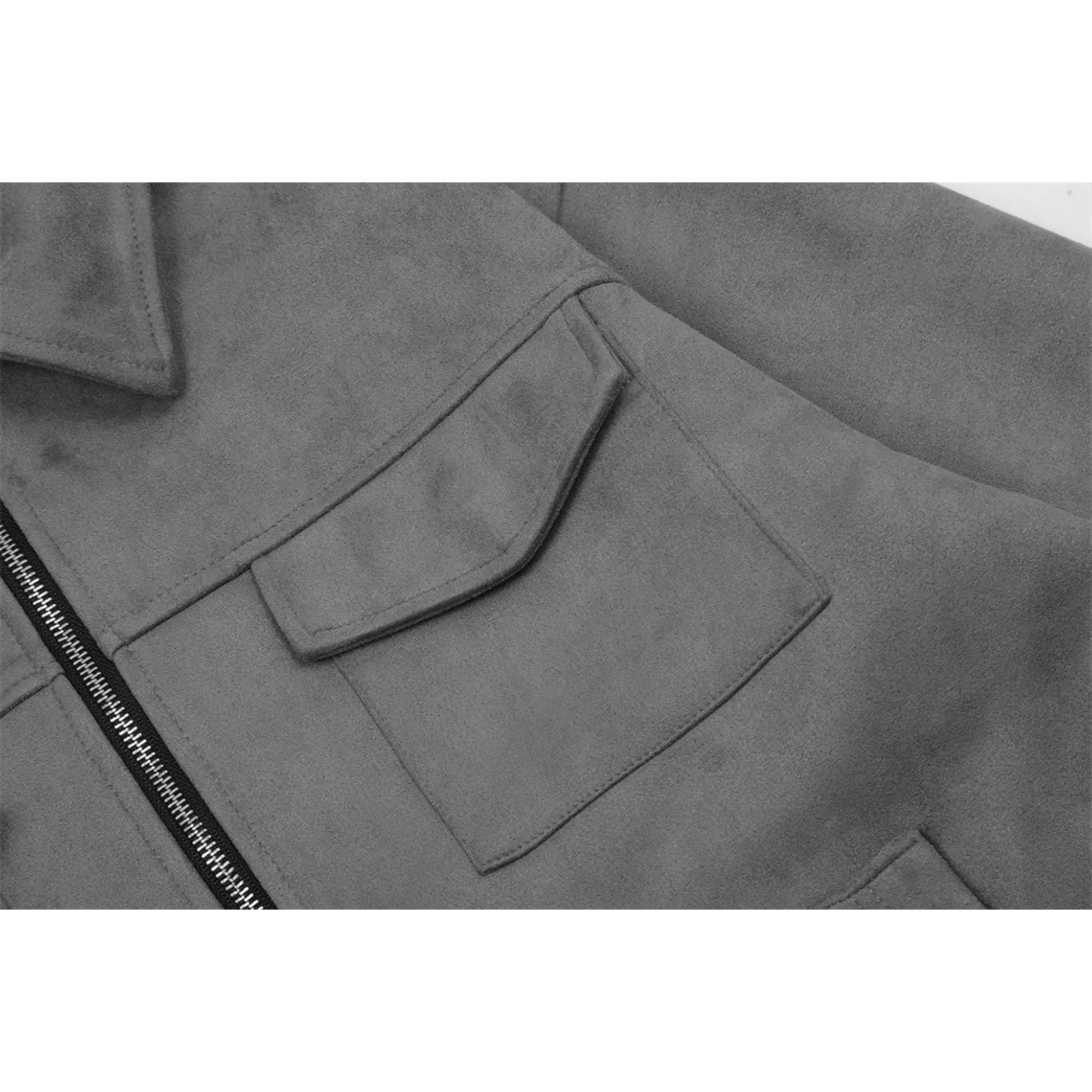 MannerCo dark gray thickened zipper jacket close-up showing flap chest pocket and zip detail