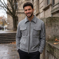 MannerCo slim fit thickened zipper jacket in dark gray with big pockets worn outdoors