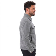 MannerCo slim fit thickened zipper jacket in dark gray with big pockets and straight hem side view