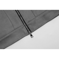 MannerCo dark gray thickened zipper jacket close-up showing metal zipper and paneled fabric