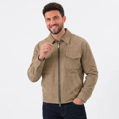 MannerCo beige thickened zip jacket slim fit with chest pockets and straight hem on male model