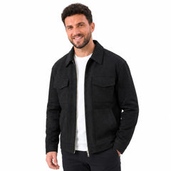 MannerCo black slim fit thickened zipper jacket with big pockets and straight hem worn open over white tee