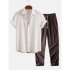 Waffle Button Up Shirt & Straight Leg Linen Pants - 2 Piece Summer Outfit