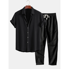 Waffle Button Up Shirt & Straight Leg Linen Pants - 2 Piece Summer Outfit